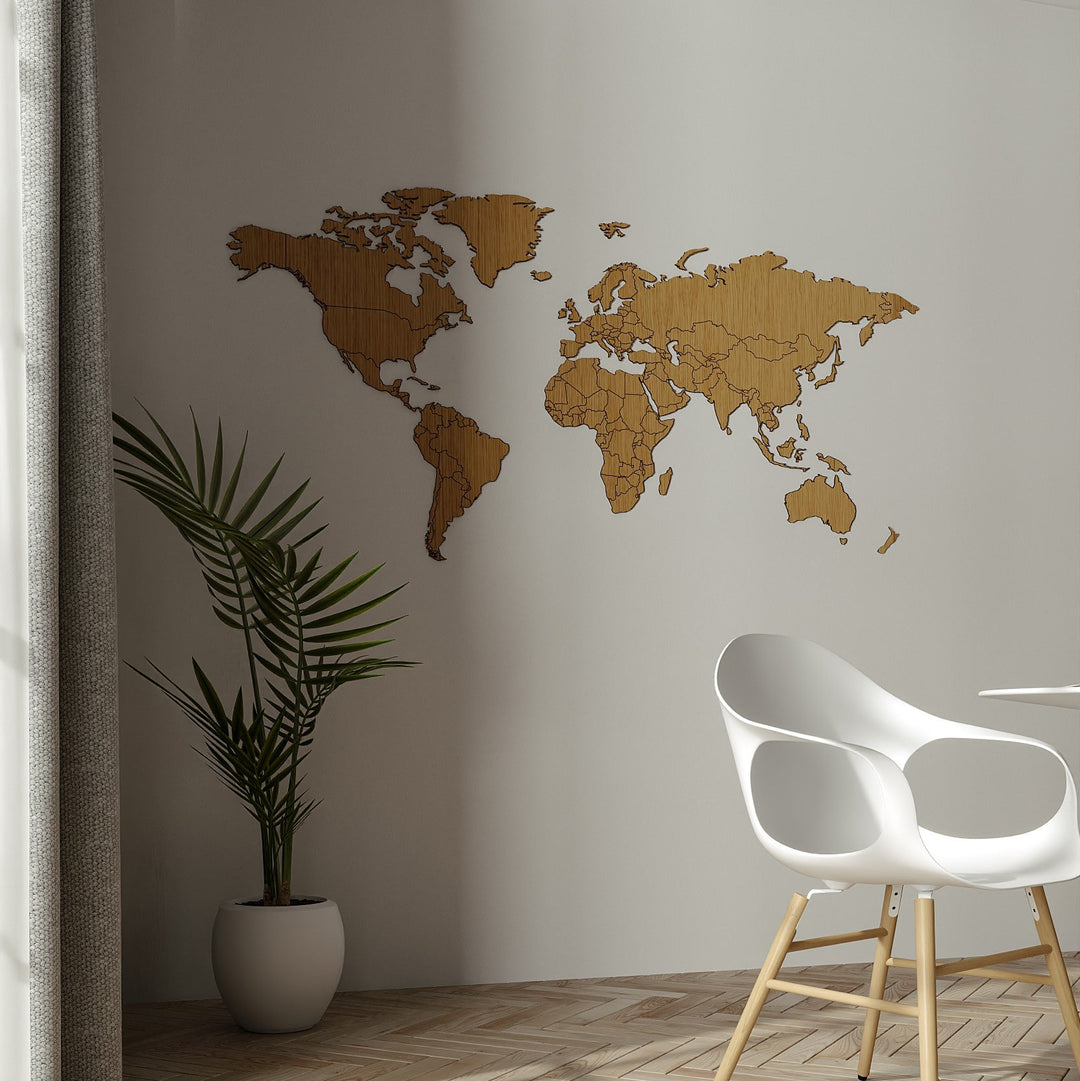 VAILLA ® Wereldkaart wanddecoratie van hout, zwart-goud, 3D